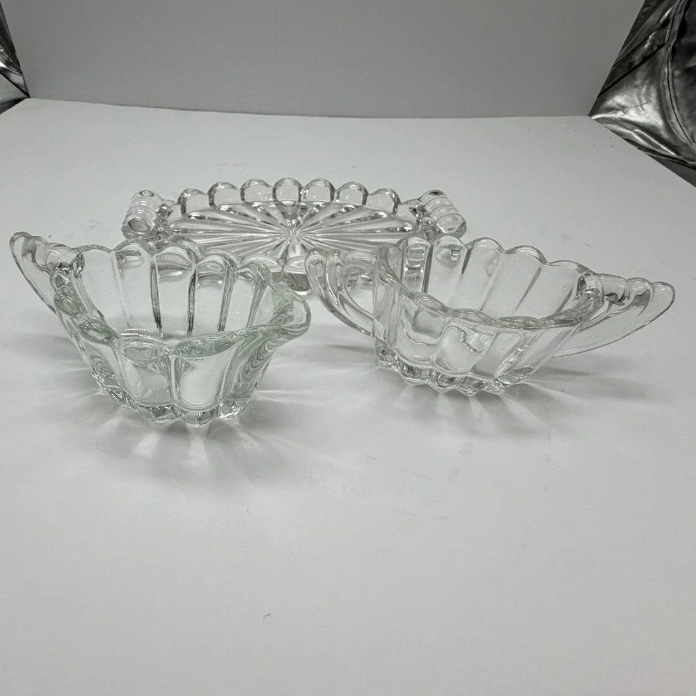 Vintage Clear Pressed Glass Cream and Sugar Set with Scalloped Oval Tray 3pc